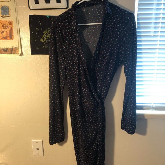 Vintage Navy Collared Long Sleeve Wrap Dress - Picture 4 of 5